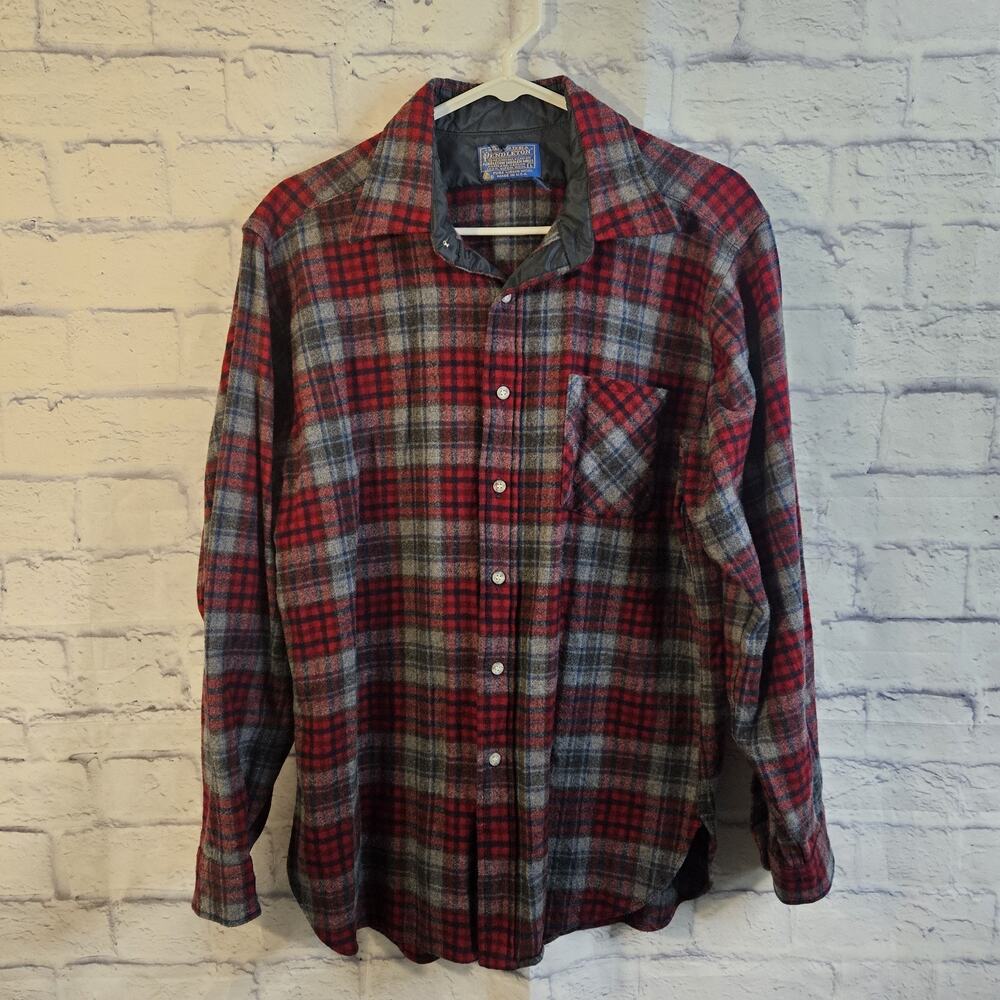 Pendleton Woolen Mills Mens Large Button Pure Virgin Wool Shirt Plaid Vintage